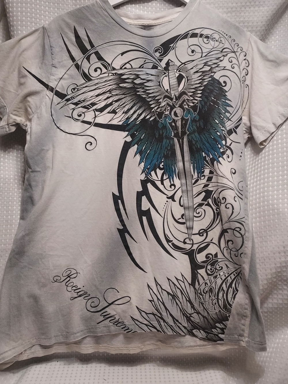 White Short-Sleeve Graphic Tee with Blue Wing Sword Motif